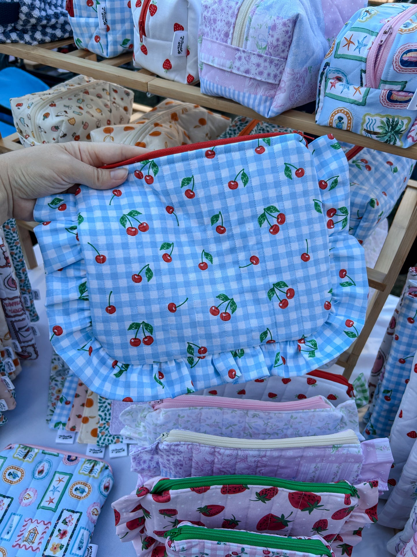 Gingham Cherry Ruffle Pouch