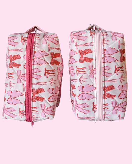 Pink Bow Quilted Makeup Bag