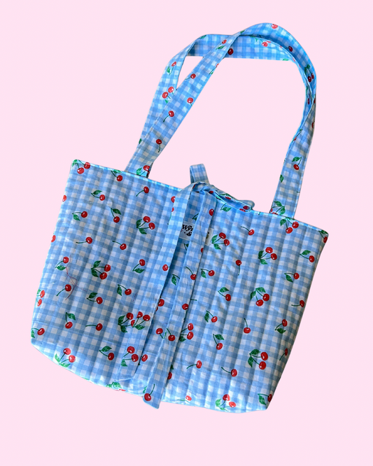 Blue Gingham Cherry Tote