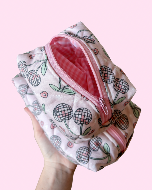Pink Disco Cherry Quilted Makeup Bag