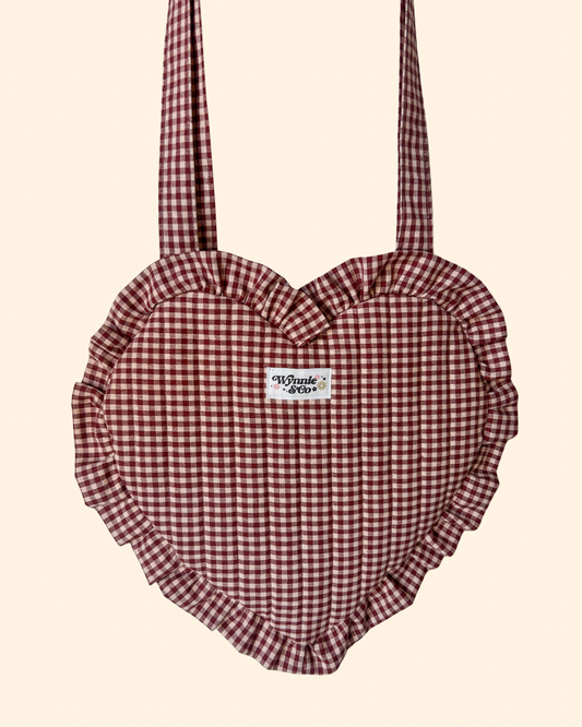 Red&Tan Gingham Ruffle Heart Tote